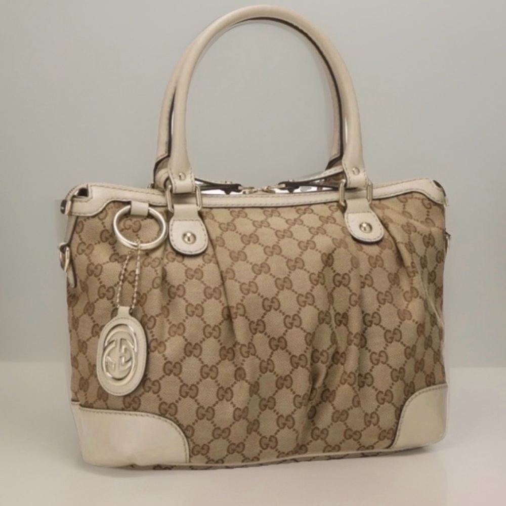 GUCCI INCLUDES BOX Slouchy Jacquard GG Canvas & Leather Handbag Hangtag Charm - Picture 3 of 12